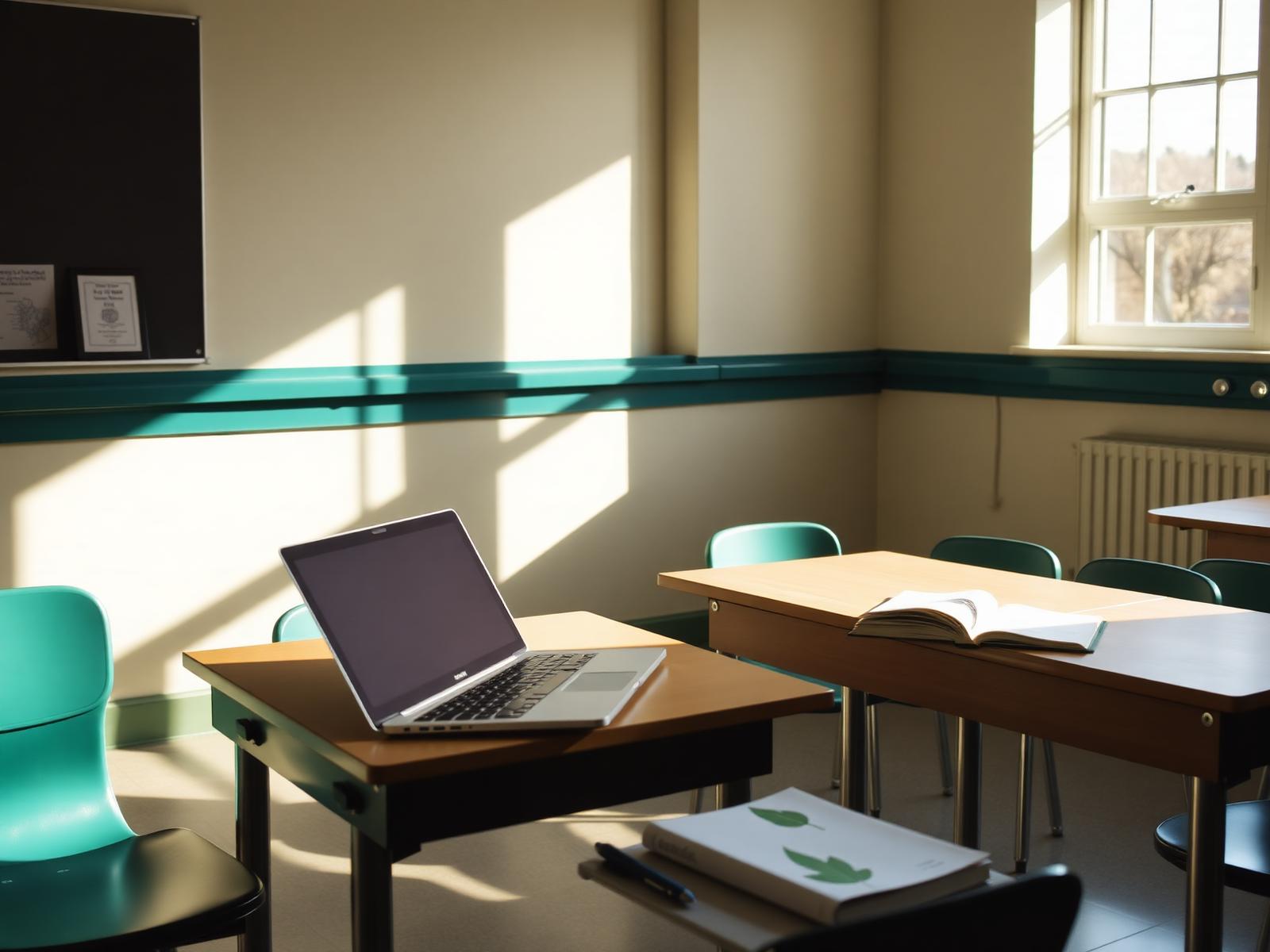 Sunlit Irish classroom with an open laptop and books